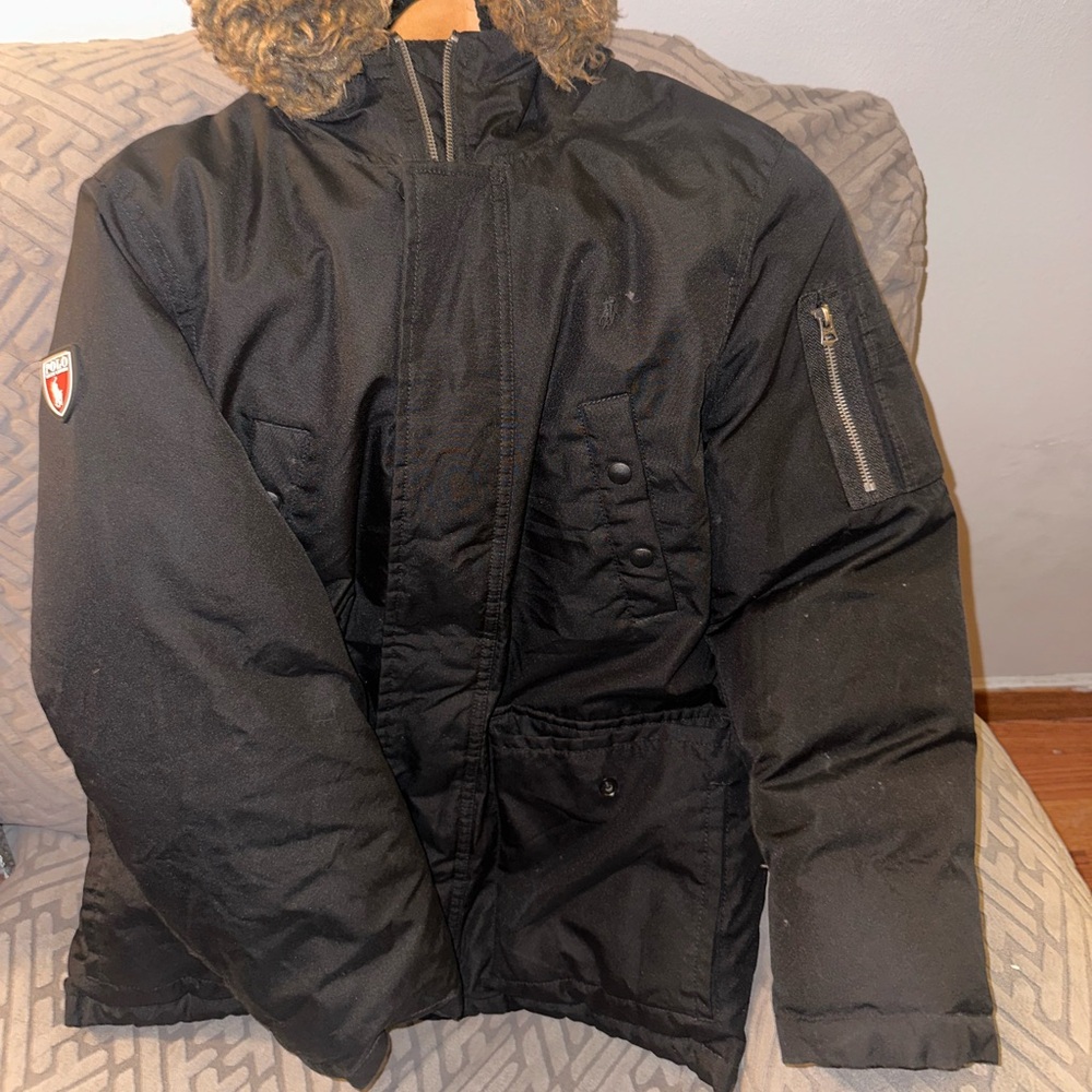 Polo by Ralph Lauren Black Puffer Coat with Fur Trim